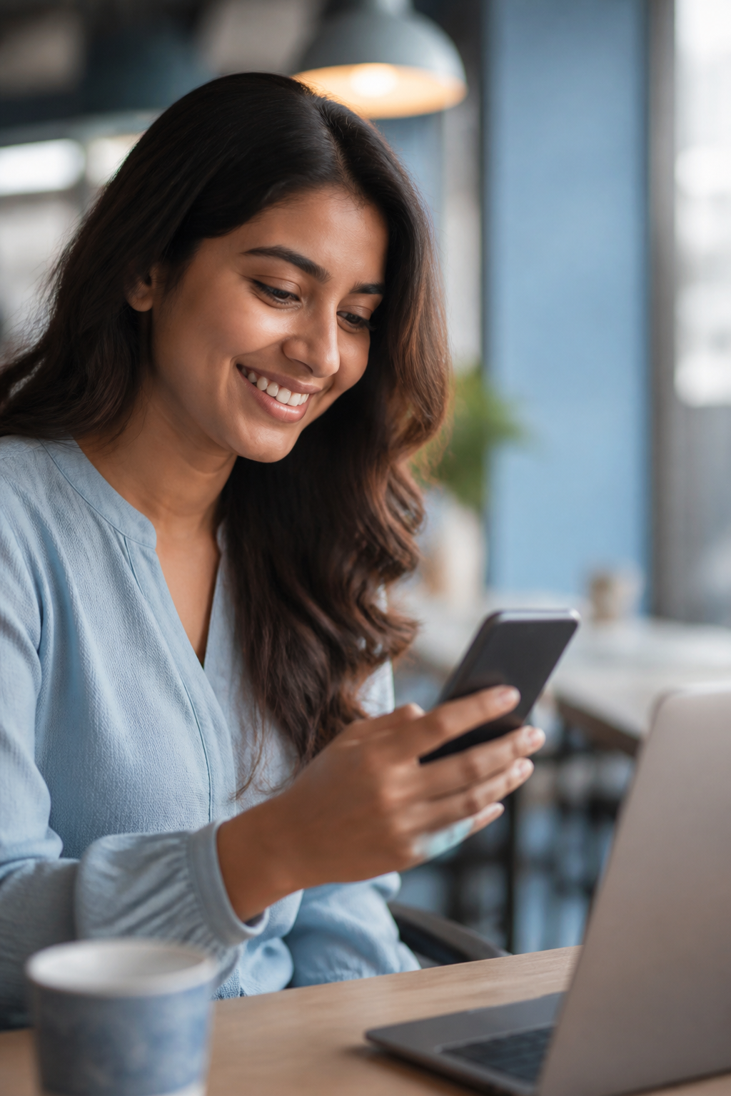 A customer using a product on her phone